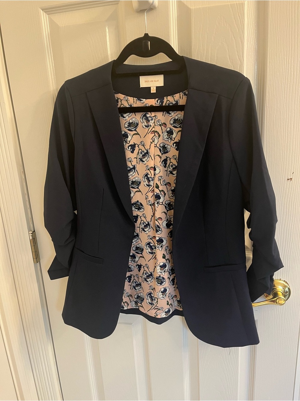 Skies Are Blue Navy Blazer with Floral Pink Lining